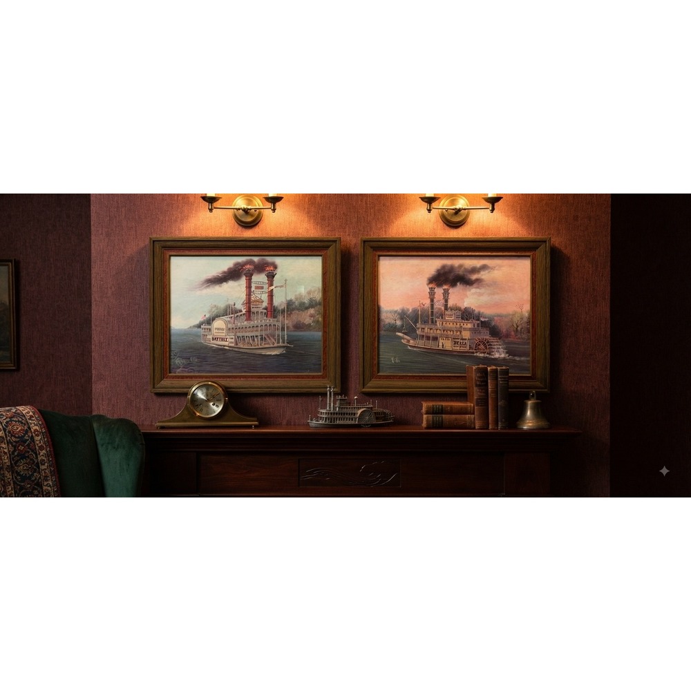 Vintage K Chin Framed Steamboat Prints Set of 2 Natchez Belle Riverboat Art